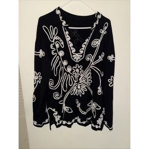 Vintage Lauren Michelle Embroidered Tunic Blouse Size 2X Black Long Sleeves